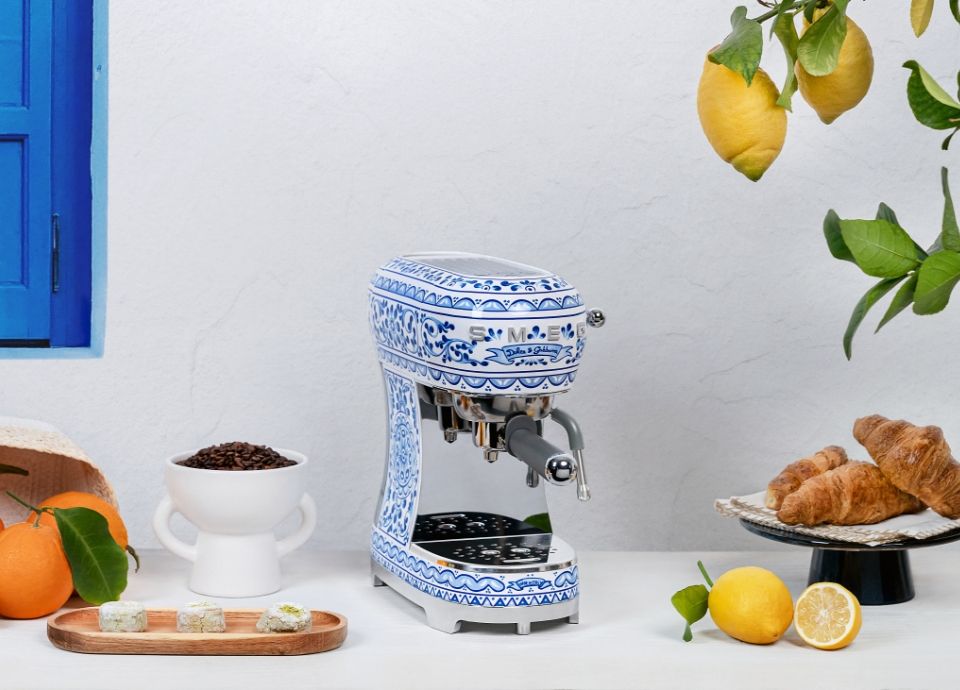 SMEG X DOLCE & GABBANA Blu Mediterranean Collection Espresso Machine as seen in the PullCast Blog