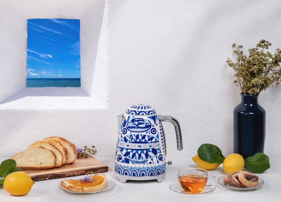 SMEG X DOLCE & GABBANA Blue Mediterranean Collection Kettle as seen in the PullCast Blog