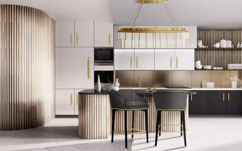 Luxxu's kitchen design project, "Golden Kitchen, highlighted with Skyline hardware, by PullCast. Here you can find the Skyline Door Pull and the Skyline cabinet handles adorning this sleek cabinetry.