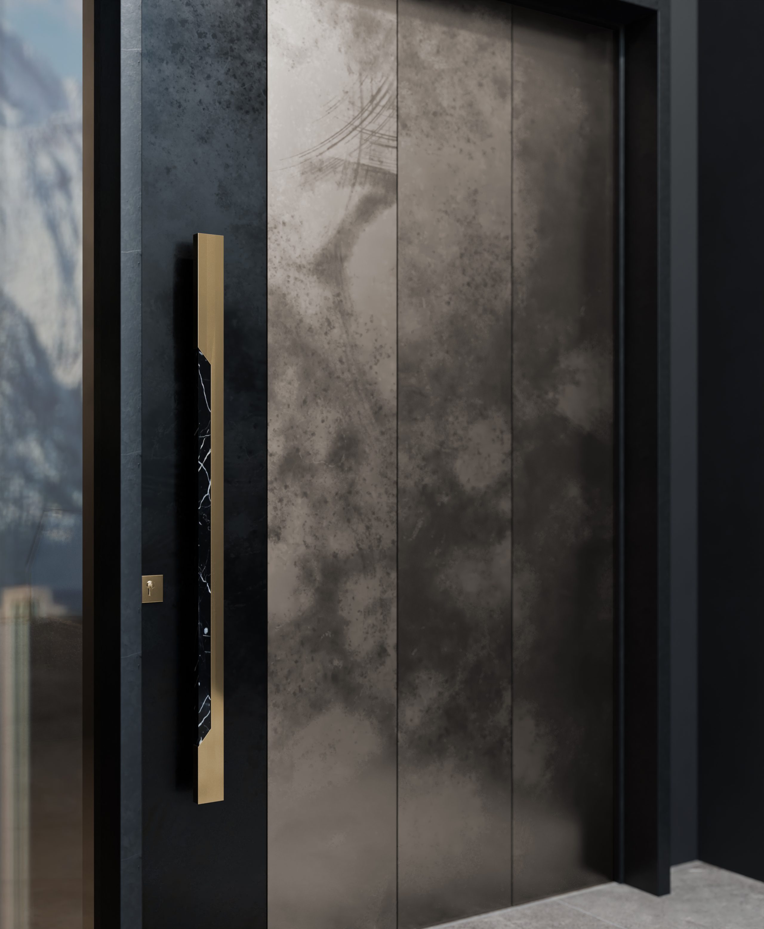 Entryway featuring the sleek and sophisticated Zeno Door Pull, combining polished brass with Nero Marquina marble