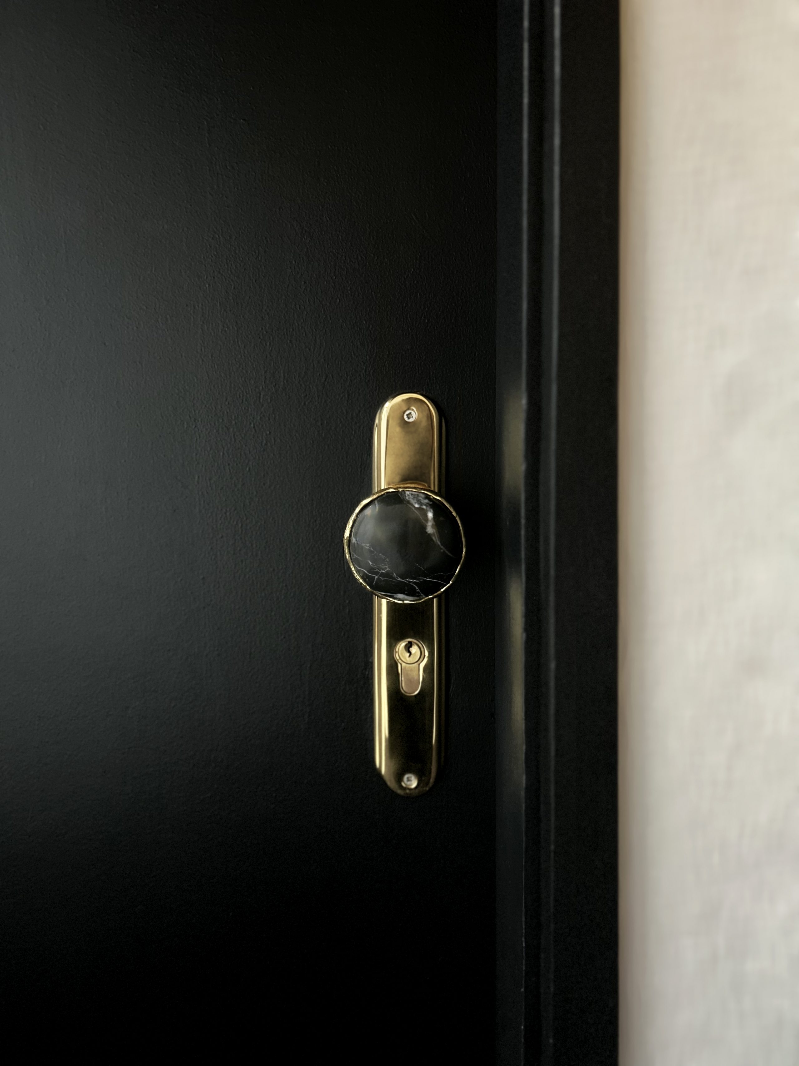 Entryway Door featuring the Tiffany Nero Marquina Marble Door Knob